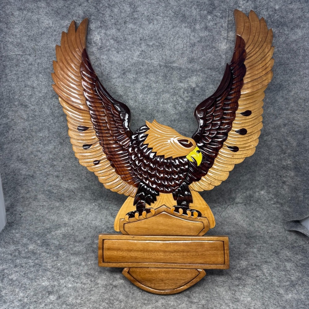 Handmade Wooden Carved Sign Golden Eagle Motorcycle Plaque Harley Mancave Biker